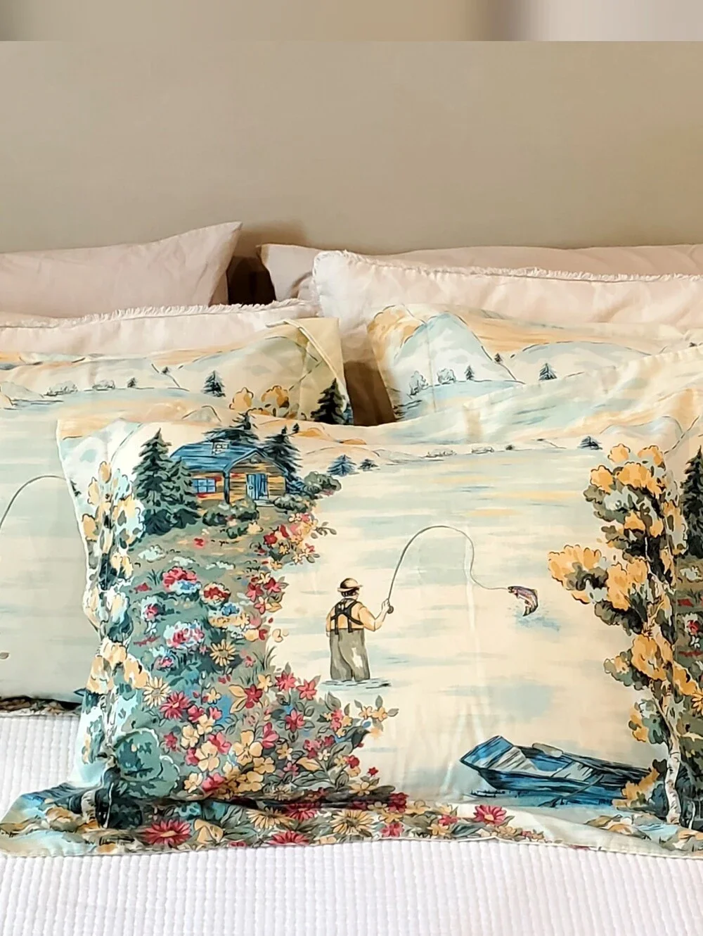 3 Vintage Pillow Shams Fisherman/Cabin/Mountains Creamy Ivory/Blues EUC
